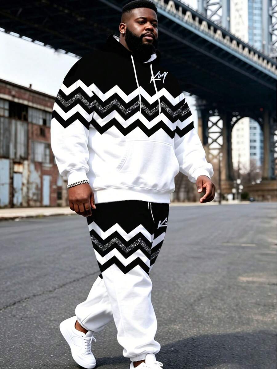 Bộ áo hoodie KING Letter đen trắng họa tiết zigzag, bộ đồ thể thao 2 mảnh phản quang sọc dành cho nam cỡ lớn mùa xuân. - Đen và trắng - Xem 1