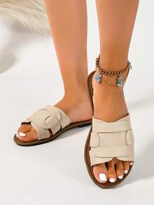 Ximi Ruo Damen-Sandalen im koreanischen Stil, lässige flache Pantoletten, offene Zehenpartie, gewebte römische Sandalen, Sommer-Strand- und Hausschuhe, modischer französischer Stil für Ausflüge, Frühling/Sommer Neu, flache Schuhe zu Kleidern - Beige - Übersicht 4