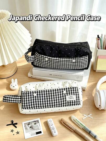 1/4 pièces Étui à crayons blanc crème à carreaux et pois, organisateur à grande capacité à plusieurs couches, style minimaliste et élégant, polyester léger, polyvalent pour toutes les saisons, unisexe pour adultes, pour l'école, le bureau et les voyages.