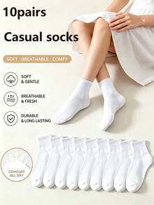 1/10 Pairs Women's Black & White Solid Color Short Socks, Soft Breathable Sweat-Absorbent Casual Socks, Couple Style, Suitable For Daily Wear, Home, Back To School, All Seasons - White - View 8