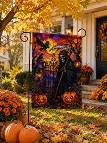 1 pieza Bandera de jardín de lino de Halloween, con estampado de vidriera de la parca, calabaza, cuervo, luna llena, puerta del cementerio y telaraña, con funda para poste, decoración gótica para exteriores para césped, porche, patio, camino, casa embrujada y decoración de fiesta de Halloween - Multicolor - Ver 9
