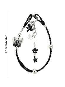 1pc Sweet Cool Style Double Layer Butterfly Flower Pendant Phone Charm Handmade Beaded Double Chain Anti-Loss Phone Lanyard - Multicolor - View 5