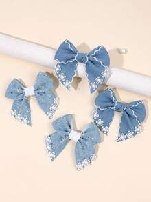 4pcs/2pcs Blue Minimalist Bow Hair Clips, Denim Fabric Floral Print, Glitter Sequin Hair Clips, Hair Accessories Gift For Kids And Teenagers For Kids Daily School Wear - Multicolor - View 7