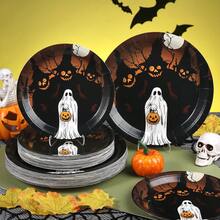 20/30/50-Piece Set Of 7/9 Inch Halloween Disposable Paper Plates, Moon Night Ghost Pumpkin Forest Print, Haunted Tree Bat Design, Vintage Halloween Party Tableware, Party Decor, Dinner Table, Home Gathering - Multicolor - View 6