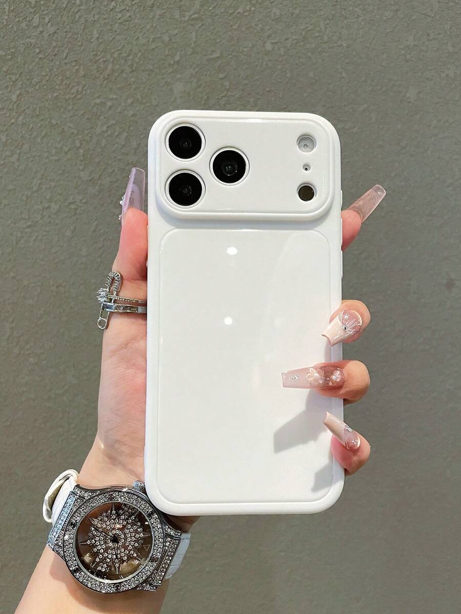 Luxury White Glossy Element Solid Silicone Full Coverage Phone Case, Compatible With IPhone 17 17Pro 17 Pro Max, 16, 15, 14, 13, 12, 11 Pro Max, Lens Protection, Shockproof Frame, Hard Back Cover, Spring Gift Party Favorite - White - View 1
