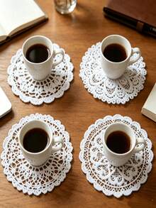 4pcs White Handmade Crochet Embroidered Coasters, Round Lace Design, Suitable For Coffee Cups, Tablecloths, Vases, Can Be Used For Wedding, Birthday, Party Table Decor, Home Kitchen Use, Also Suitable As Gifts - Multicolor - View 7
