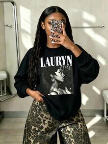 1pc Fashion Street Style Black Crew Neck Sweatshirt Designed For Tween Girls, Decorated With Cute Letter Girl Pattern, Suitable For Spring And Autumn. - Black - View 1
