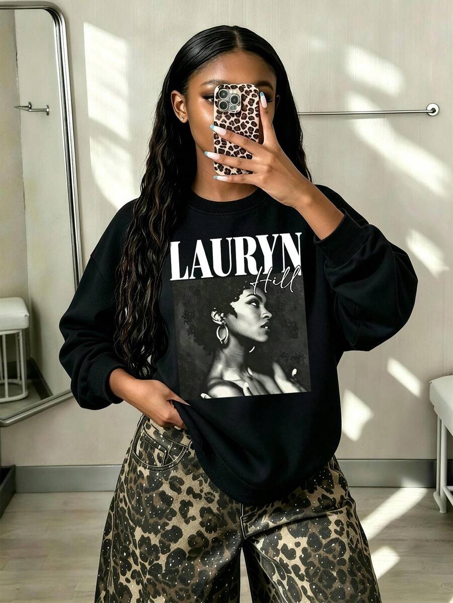 1pc Fashion Street Style Black Crew Neck Sweatshirt Designed For Tween Girls, Decorated With Cute Letter Girl Pattern, Suitable For Spring And Autumn. - Black - View 1
