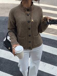 Women's Vintage Brown Knit Cardigan, Stand Collar Front Button Design, Long Sleeve Regular Fit, Suitable For Autumn/Winter - Chocolate Brown - View 6