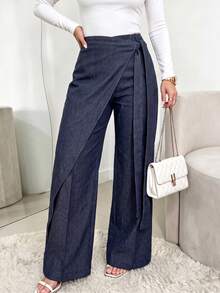 ANCHOSE Women's Spring/Autumn Navy Blue Faux Denim Lace-Up Wrap Wide Leg Long Pants With Asymmetrical Slit Design, Casual Mature Style Suit Pants - Denim Blue - View 4