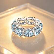 Anillo de Lujo de Moda con Pavé Completo de Circonita Azul Profundo para Mujeres, Elegante Anillo de Boda Exquisito Chapado en Oro Blanco - Celeste - Ver 2