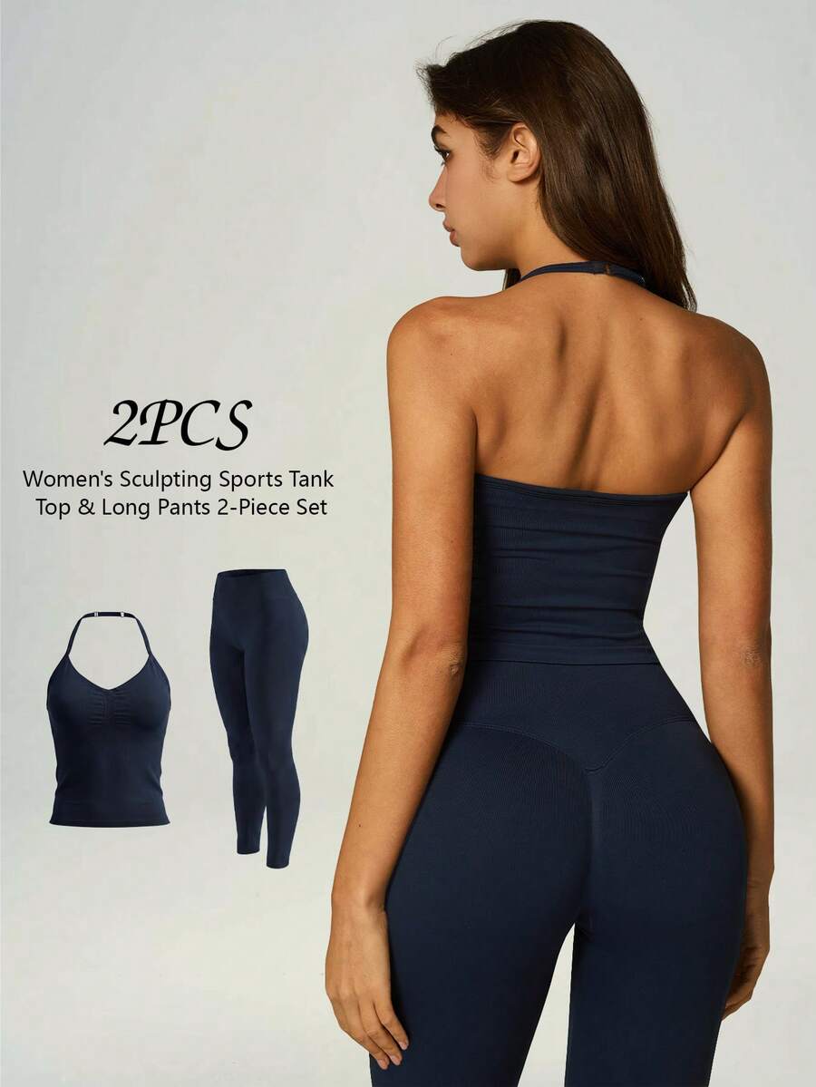 UONNOU 2pcs Women's Sports Shaping Set, Seamless Halter Neck Ruched Backless Top, High Waist Butt Lifting Tight Leggings, - Navy Blue - View 1