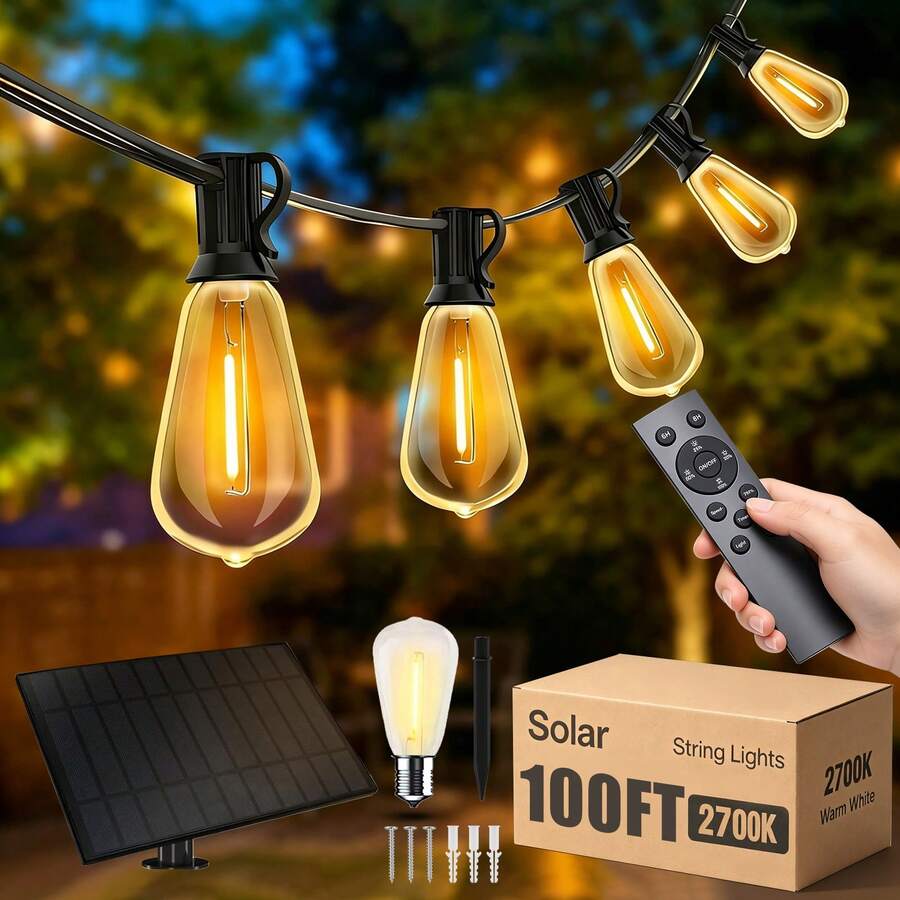 GUPUP ST38 Solar String Lights, 2700K Warm White, E12 Base, Black Wire ...