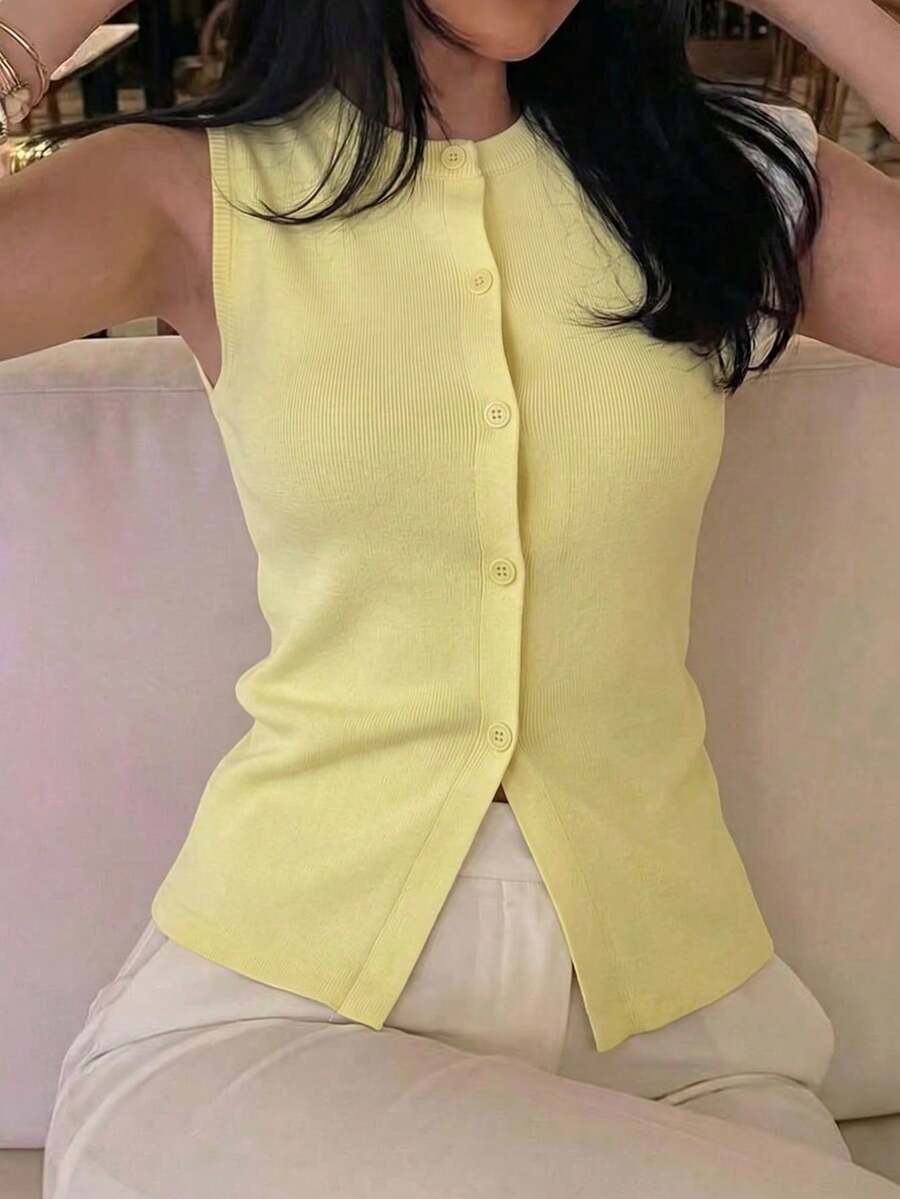 女款夏季無袖休閒針織上衣,鈕扣設計,時尚優雅,上班、日常穿著與外出必備 - 黃色 - 查看 1