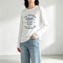 2026 New Arrival, Pure CottonCrew Neck Long Sleeve T-Shirt The Original Superior Clothing Co Print Y2K, Korean Style, Spring Autumn Essential Basic - White - View 1