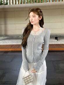 Cardigan Rajut Renda Kontras Gaya Korea, Kancing Tunggal dengan Hiasan Rumbai, Pinggang Tinggi, Potongan Ramping, Lapisan Dalam untuk Musim Gugur - Grey - View 7