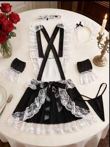 1套蕾絲性感風制服女僕圍裙睡裙，夜店酒吧裝扮服 - 黑色 - 查看 4