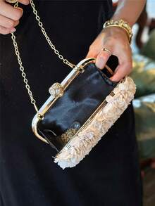 Dedoo 女款花卉晚宴手拿包，長方形硬框包，珍珠鑲嵌圓形按扣鎖，浪漫新娘手提包，適合春季婚禮、舞會、茶會 - 粉色 - 查看 5