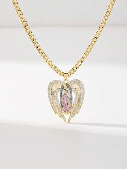 1PC Women's Vintage Virgin Mary Pendant Necklace, 14K Gold Plated Copper Material With Zirconia Inlay, Double Layer Heart Wing Pink Robe Virgin Mary Pendant Design With Cuban Chain, Suitable For Christmas/Thanksgiving/Halloween/Mother's Day/Valentine's Day/Couples/Friends/Fellow Believers Gift, Catholic First Communion, Gift, Daily/Holiday Wear And Prayer