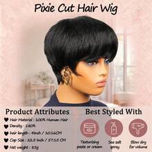 Short Straight Pixie Cut Human Hair Wig With Bangs For Women Layered Remy Brazilian Human Hair Wig Elastic Net Full Machine Made Human Hair Wig Natural Black Colored Wig Holiday Wear Party Wear Daily Wear Music Festival - Natural Black - View 3