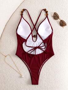 2026 Summer New Women's Vacation Beach Wear Deep V Halter Neck One-Piece Swimsuit - Burgundy - View 3