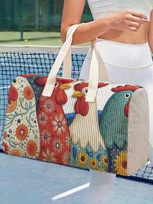 1pc Corduroy Luggage Bag, Chick Pattern Printed Large Capacity Beach Bag, Crossbody Bag, Handbag, Travel Bag, Gym Bag, Portable, Lightweight, Fashionable, Home Use, Lightweight Beige Large Capacity Tote Bag, Ideal Gift For Boys And Girls Teenagers - Multicolor - View 5