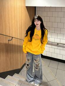 American Street Style Yellow Crew Neck Long Sleeve T-Shirt For Women, Autumn Brand Letter Pure Loose Fit Versatile Y2K Base Layer Top Casual - Yellow - View 4
