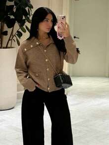 Women's Solid Color Knit Cardigan, Button Collar, Front Button Closure, Long Sleeve Top, Pocket Design, Casual Vintage Preppy Style, Suitable For Autumn And Winter Wear - Khaki - View 1