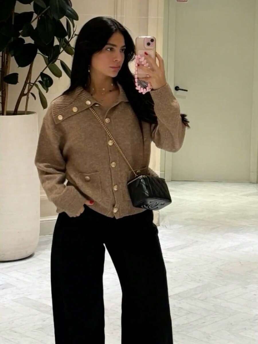 Women's Solid Color Knit Cardigan, Button Collar, Front Button Closure, Long Sleeve Top, Pocket Design, Casual Vintage Preppy Style, Suitable For Autumn And Winter Wear - Khaki - View 1
