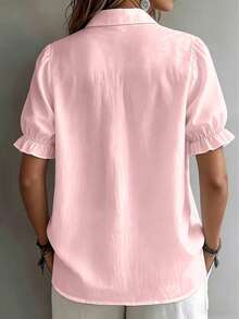 Women's Pink Lapel Short Sleeve Button-Up Shirt, Ruffle Short Sleeve, Classic Collar, Regular Length Top Summer - Pink - View 4