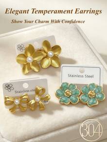 9 Pairs Asymmetric Textured Stainless Steel Fashion Pearl Stud Earrings, Including Flower And Bow Designs. Elegant Pearl Earrings Suitable For Various Occasions, Valentine's Day, Mother's Day, Gifts. High-Quality Hypoallergenic Daily Wear Earrings, Perfect Gift For Family And Friends - Pearl Set - View 7
