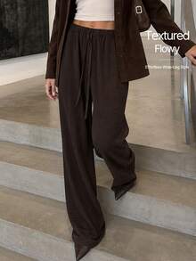 Women's Elegant Textured Wide Leg Pants, With Drawstring And Pockets, Fashionable Flowy Polyester Pants, Slightly Elastic - Brown - View 3