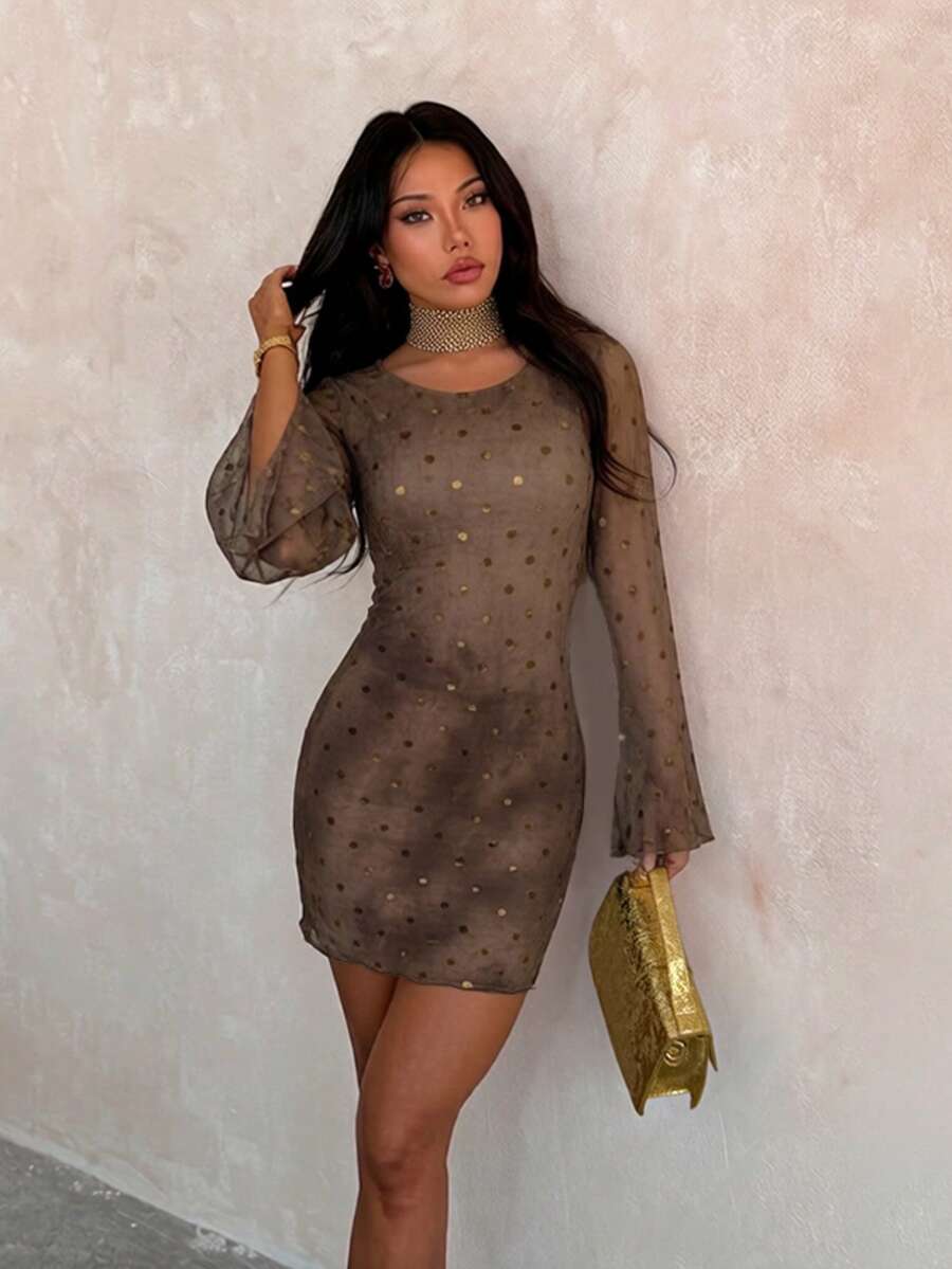 Women's Autumn Backless Long Sleeve Flocked Polka Dot Mini Dress, Back To School, Party, Holiday
