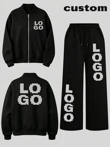 Personalized Custom Women's Zipper Stand Collar Hooded Sweatshirt + Black Wide Leg Sweatpants 2 Pieces Set - Fun Custom Your Logo, Photo, Pattern, Workwear, Ad Number Printing, Pet, Family, Best Friend, Customize Your Exclusive Sweatshirt Set, Upload Your Photo Now - Black - View 3
