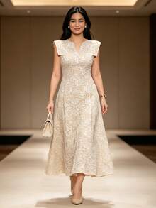 Modern Filipino Style Dress, Elegant 1pc Women's Short Sleeve Dress, Suitable For Vacation, Wedding And Holiday - Khaki - View 5