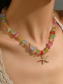 1 pieza Collar con colgante de estrella de mar de cuentas irregulares de colores, joyería bohemia de playa y océano para vacaciones, para mujer, verano, viajes, fiestas & uso diario - Multicolor - Ver 3