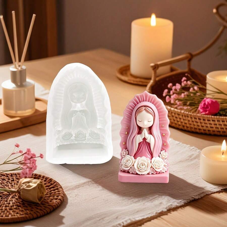 1件 3D 立體聖母天使女孩蠟燭裝飾模具,適用於蠟燭/肥皂/石膏香氛裝飾品矽膠模具 - 天使星花朵模具 - 查看 1