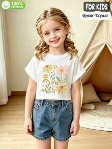 Girls 100% Cotton Drop-Shoulder Short-Sleeved T-Shirt With A Sweet Daisy And Wildflower Print, In A Cute And Sweet Style - White - View 3