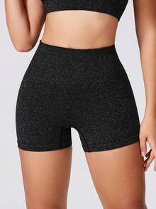 Women's Fashion Silver Thread Embellished Butt-Lifting Sports Shorts With Subtle Glitter, Pilates Black - Black - View 2