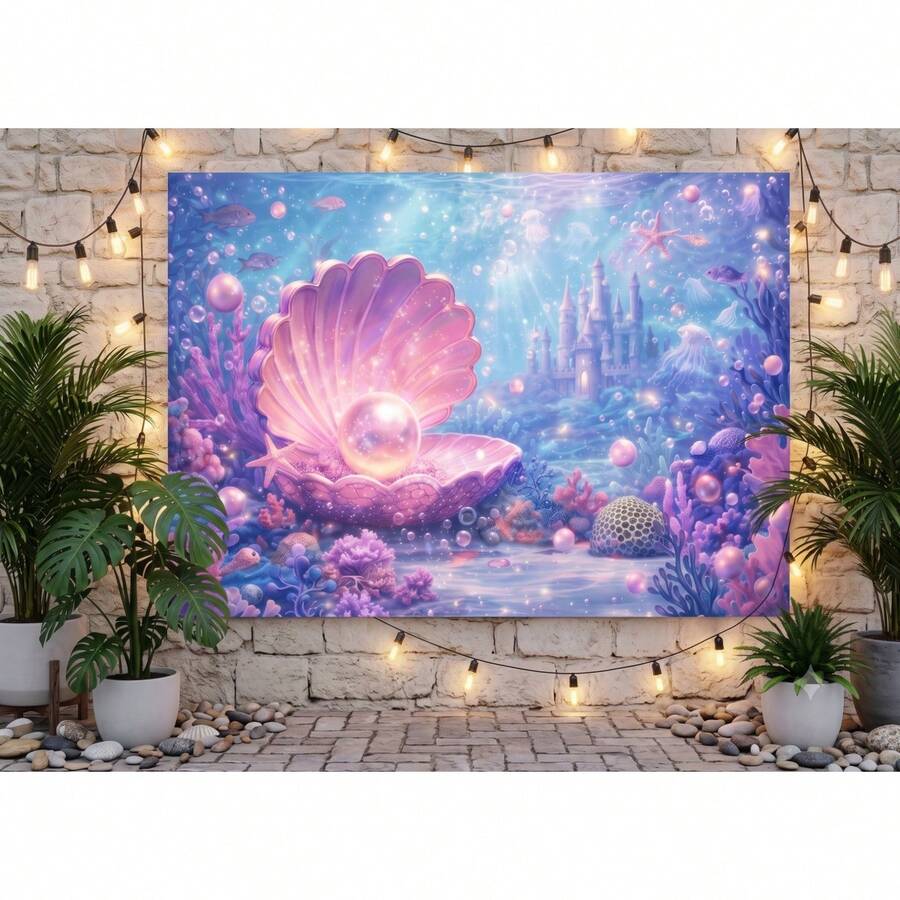 2d Flat Pearl Necklace Background Cloth, With Shiny And Gradual Purple-Blue Fishtail, Gold Coin Treasure Chest, Pearl Necklace, Underwater Castle, Colorful Coral Reef, Starfish Shell, Swimming Fish. - 1 - View 1