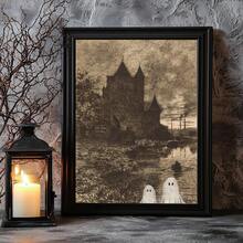 1pc Canvas Wall Art, Framed Wall Decor, Vintage Etched Print Castle Riverside Ghost Canvas Decorative Painting, Dark Academia Style Eerie Halloween Gothic Retro Engraved Print Poster, Suitable For Modern Home Decor, Room Decor, Dorm Decor, Bedroom Decor, Bathroom Decor, Kitchen Decor, Dining Room Decor, Living Room Decor, Office Decor, School Decor, Classroom Decor - Ghost - View 2