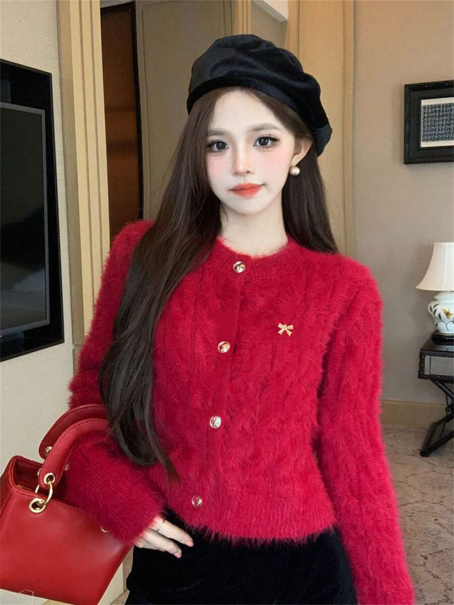 女款時尚短版保暖蝴蝶結裝飾多功能圓領長袖針織開襟毛衣外套,秋冬街頭風 - 紅色 - 查看 1