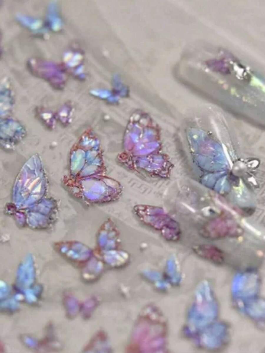 1 Set de Decoración de Arte de Uñas Estilo Etéreo y Soñador, Mariposa Degradada Transparente Hielo Púrpura-Azul con Brillo Láser Fino, Textura Transparente en Relieve 3D, Mariposas de Varios Tamaños Dispuestas Aleatoriamente, Autoadhesivo Fino y Ajustado, Impermeable Duradero y No Fácil de Despegar, Fácil DIY para Principiantes - Multicolor - Ver 1