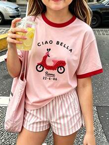 甜美女孩粉色滾邊短版T恤，Ciao Bella字母亮片機車圖案抓皺修身短袖上衣，學院風夏季日常基礎Tee - 粉色 - 查看 6