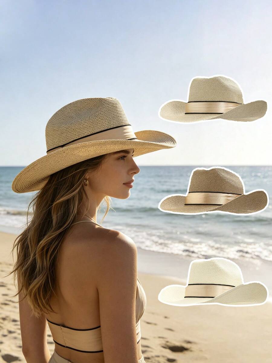 1 pezzo Cappello da spiaggia estivo da donna, cappello di paglia intrecciato a mano semplice classico di colore unito, cappello protettivo dal sole, adatto per la spiaggia, San Valentino e altre occasioni, disponibile in più colori, cappello da sole con tesa corta, scelta perfetta per le donne, adatto per viaggi in spiaggia, escursioni, stile elegante casual bohémien - cappello di paglia - Visualizzare 1