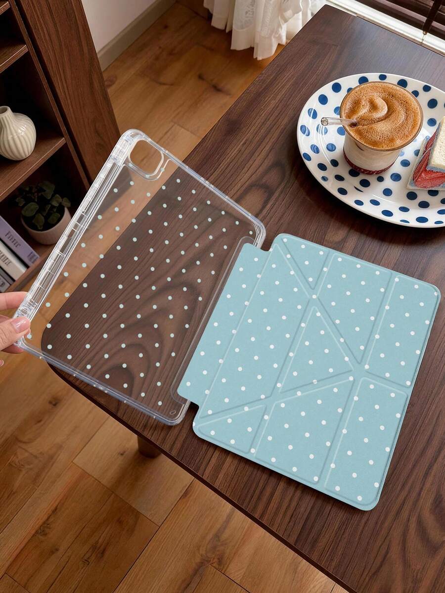 1件淺冰藍波點平板保護殼,相容 iPad Mini6/7/Air/Air2/9.7/10.2/10.5/10.9 (Air4-Air8)/Pro 11/10th Gen/A16/Pro 11 2024 機型,雙面彩繪圖案平板殼,透明壓克力背殼,絲綢質感 8 折支架,自動休眠/喚醒,內置筆槽,產品不含筆,部分機型附相機框 - 淺冰藍 - 查看 1