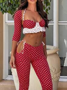 Y2K Retro Red Polka Dot Set - Cropped Colorblock Polka Dot Jacket + Red & White Contrast Camisole + High Waist Slit Capri Pants, Eye-Catching Elegant - Red and White - View 7