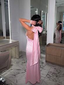 Solid Color Elegant Satin Backless Women's Cocktail Dress For Party, Wedding, Holiday, Date Pink - Pink - View 2