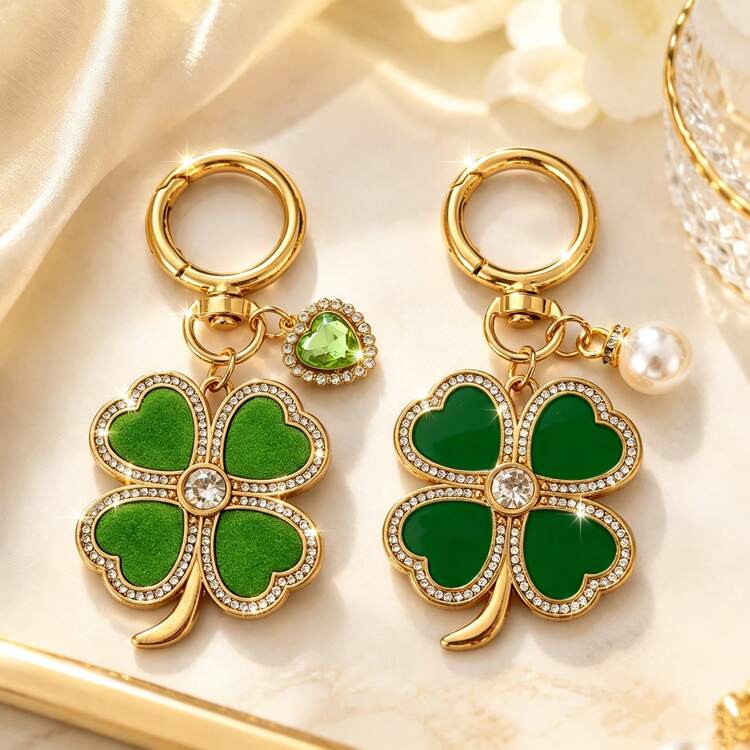 1pc/2pcs Women's New Gorgeous Unique Four-Leaf Clover Shaped Keychain With Heart-Shaped Faux Pearl Inlay, Exquisite Lucky Clover Friend Gift, Fashion Bag Charm - Multicolor - View 5