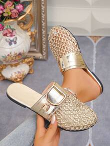 Women Gold Hollow Out Slip-On Flat Slides, Cushioned Low-Heel Plus Size Shoes, Ideal For Outdoor Travel, Casual Dinner & Gatherings - Golden Diamond PU - View 5